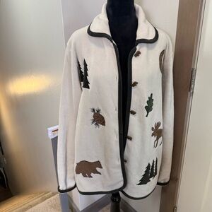 Vintage CJ Banks‎ Button Down Sweater Jacket Cream Woodsy Animals Deer Trees XL